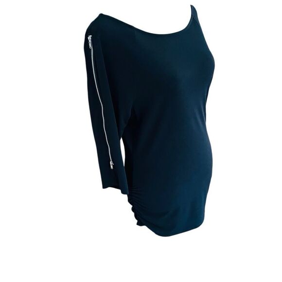 I.N.C. black boatneck 3/4 sleeve polyester spandex top with sleeve zippers sz S - Picture 2 of 8